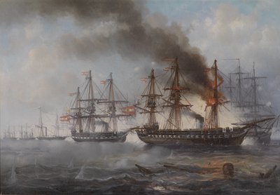 The Naval Battle of Helgoland 1864 (the Burning Austrian Frigate Schwarzenberg, Behind the Frigate Radetzky) by Josef Karl Berthold Puttner